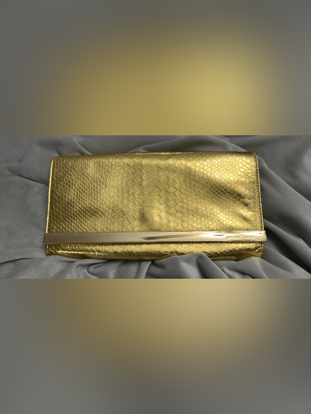 Michael Kors Metallic Gold Fold-Over Clutch with Textured Pattern